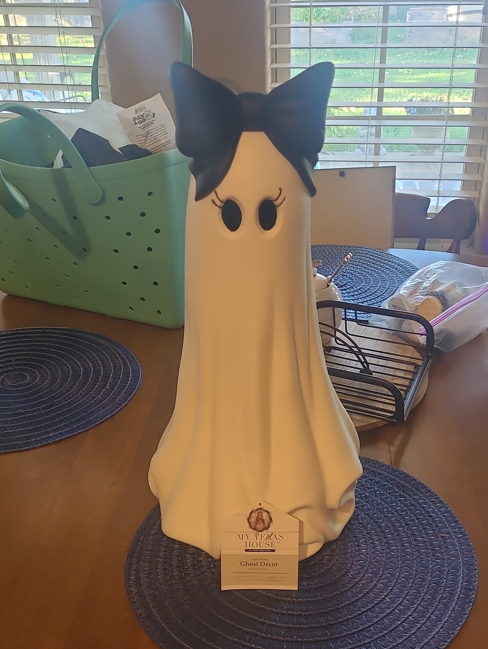 My Texas House White Ghost Holiday Figurine with Black Bow